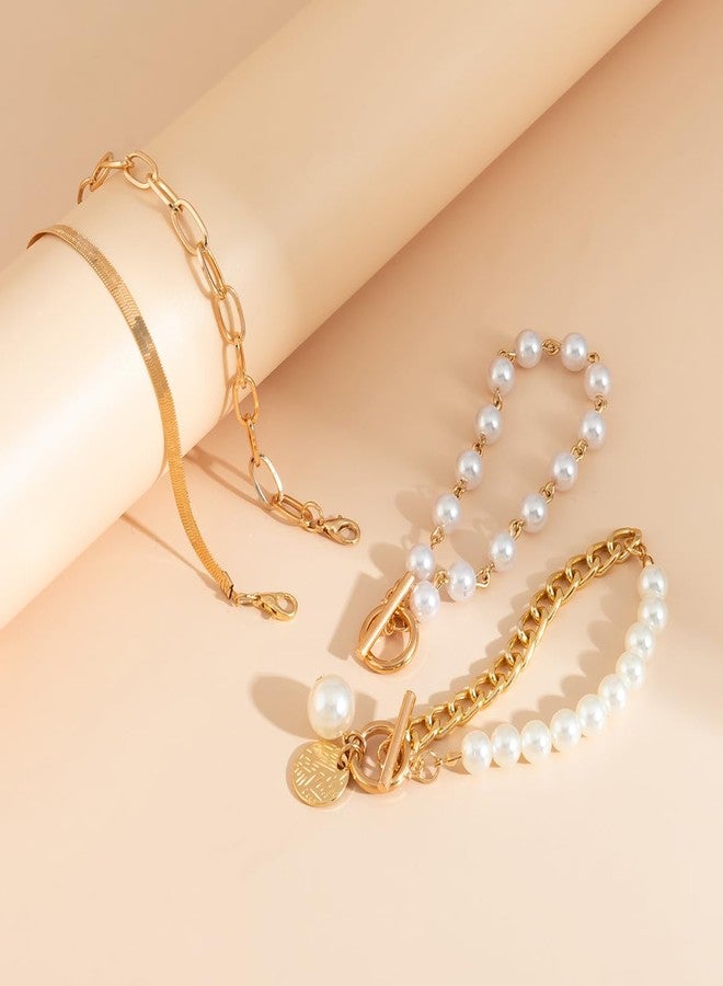 Eason1874 Layered Paperclip Gold Pearl Stack Bracelet Set for Woman Chunky Simulated Pearl jewelry (Four Pcs A) - Image 5